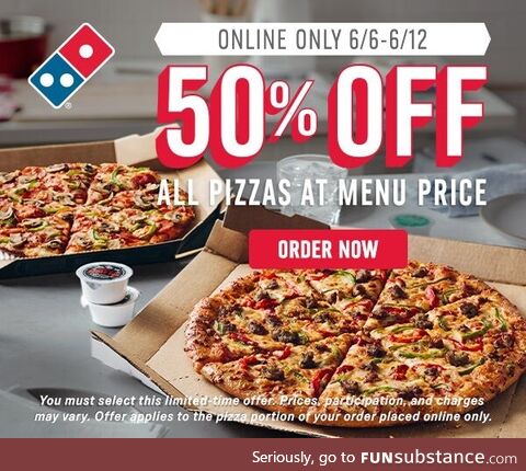 TIL you can get 50% all menu priced pizza's from Domino's this week only with a FREE