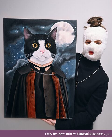 Me and my original painting of a cat as a vampire