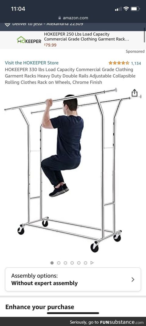 Such an interesting choice of picture to market a garment rack. Is he doing pull ups?