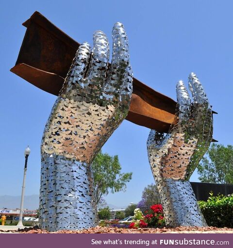 Sculpture in Rosemead, CA has iron beam from World Trade Center and is held by 2,976