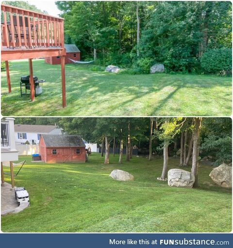 Back yard before and after since we bought the house! About 1.5 years of yard work later!