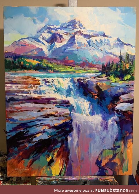Just finished painting Athabasca Falls last night! Acrylic on 36x48” canvas