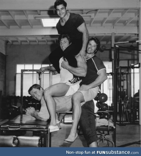 Arnold Schwarzenegger being mounted by 3 men in the gym, 1970s. F. Zane, Franco Columbu
