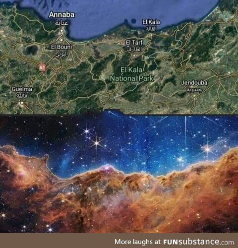A beautiful cosmic similarity between the Carina Nebula region, imaged by the Webb