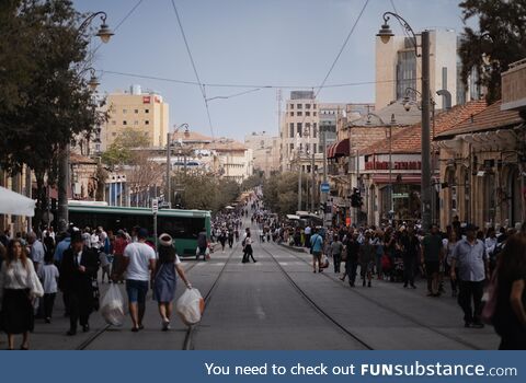 The train tracks of the light rail on Jaffa Street in Jerusalem