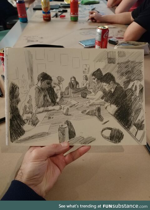 Sketching people at a cafe with a ballpoint pen