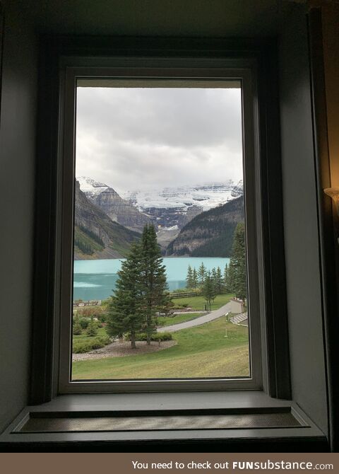 This window inside the Fairmont Lake Louise looks like a painting