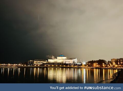 Beautiful reflecting lights. Frozen Lake Michigan. Late night Chicago. Shedd Aquarium