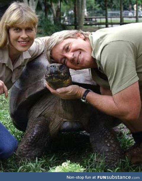 Steve Irwin and Harriet the Tortoise, 170 years after Charles Darwin collected her. Both