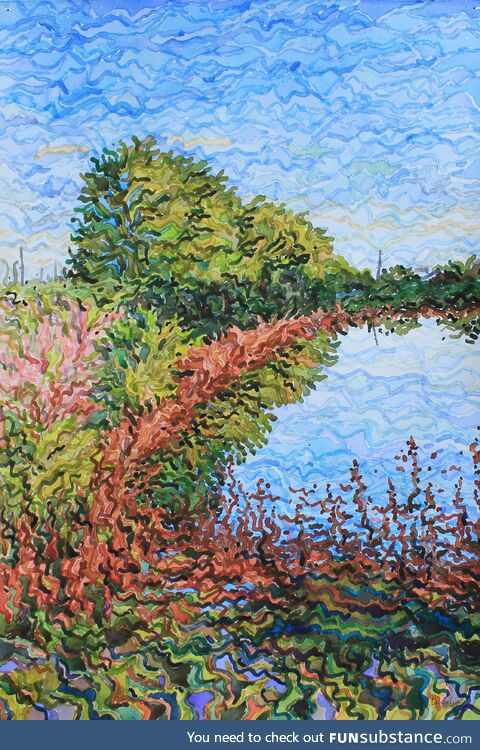 Summer river landscape watercolor painting